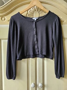Cropped Button-Front Long-Sleeve Sweater